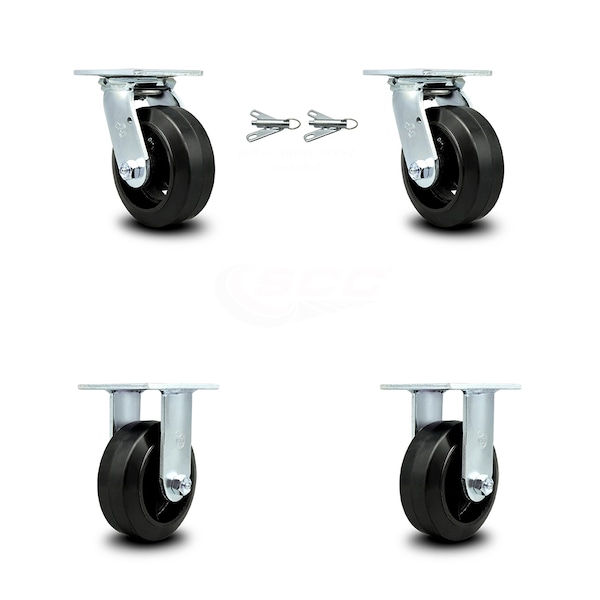 6 Inch Rubber on Steel Caster Set with Ball Bearings 2 Swivel Lock 2 Rigid SCC